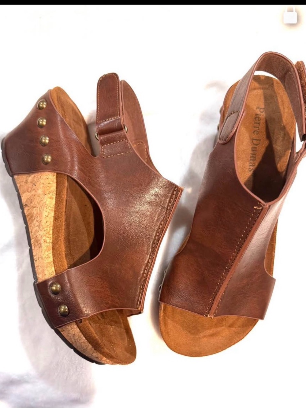 Pierre Dumas Brown Leather Cork Wedge Sandals with Stud Accents